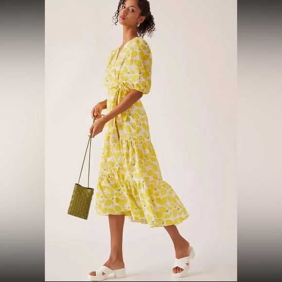 Anthropologie Hutch Lemon print V-Neck Tiered Wrap Midi Dress 37363 - Picture 15 of 16
